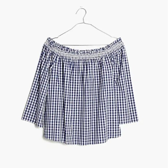 Madewell Smocked Gingham Off-the-Shoulder Top Blue Size XS - Picture 6 of 6